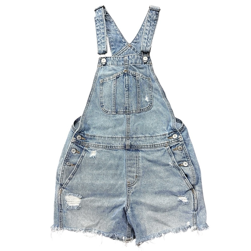 Old Navy Slouchy Short Overalls Size XS Blue Denim Relaxed Raw Hem Distressed